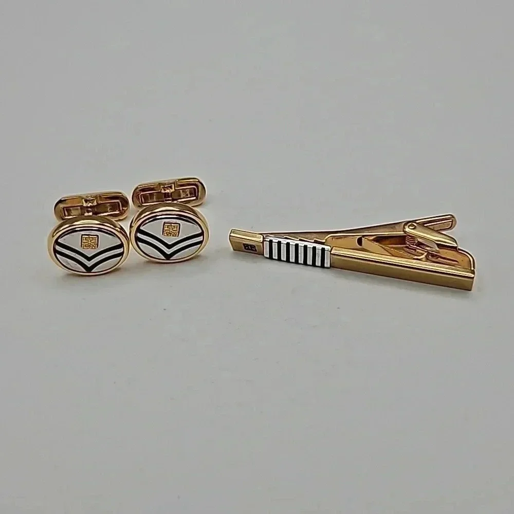 Givenchy Gold Tone Chevron Cufflink and Tie Bar Set